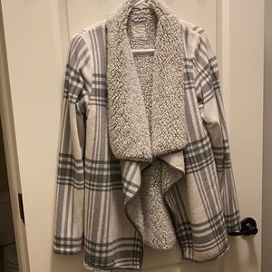 White and gray plaid Sherpa lined cozy fall wrap sweater